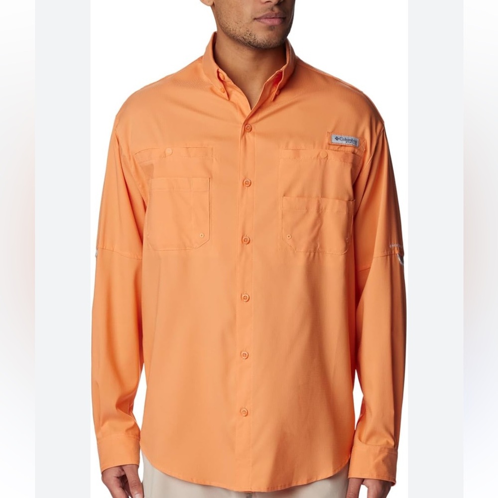 Columbia Men's XXL PFG Vented Fishing Shirt Top Button Peach Orange LS UPF 50+
